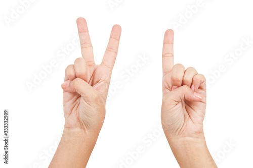 Woman hand showing fingers; Photo on white background.