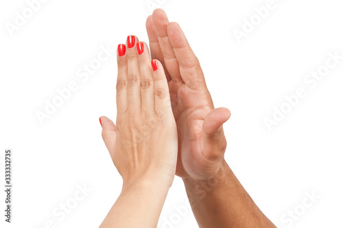 Man and woman hand palm to palm.