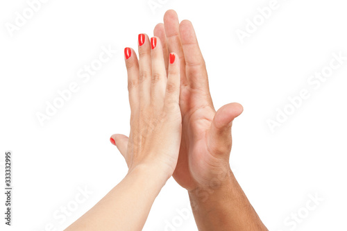 Man and woman hand palm to palm.