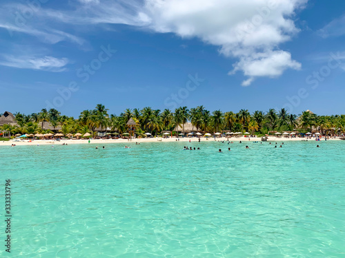 View across water of Isla Mujeres island, Mexico