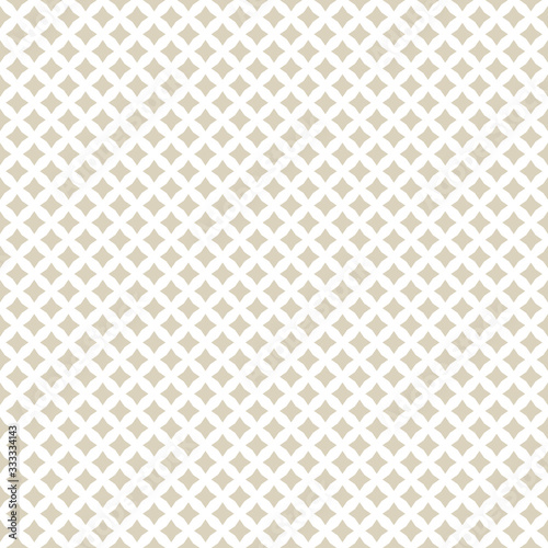 Subtle golden vector seamless pattern with small diamond shapes, stars, rhombuses. Simple geometric background. Abstract white and beige texture, repeat tiles. Elegant ornament. Decorative design