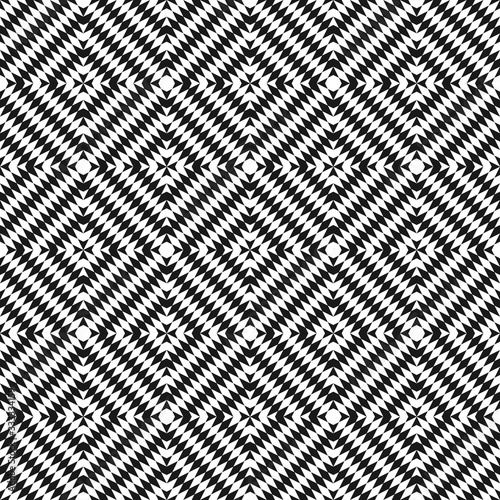 Vector monochrome seamless pattern. Abstract geometric background with small diagonal rhombuses in square form. Optical art texture. Illustration of knitted woolen handicraft. Black and white print