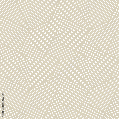 Vector geometric seamless pattern. Abstract graphic background with crossing diagonal lines, stripes, small elements. Subtle golden texture. Modern linear background design. White and beige grid