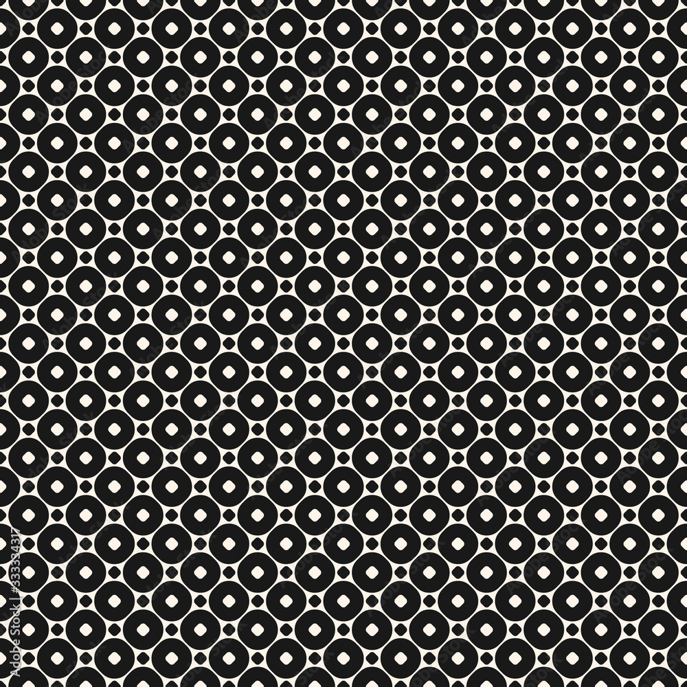 Vector seamless pattern with small circles and rings. Simple modern abstract background. Funky monochrome geometric texture. Stylish dark design for prints, decoration, fabric, cloth, covers, linens