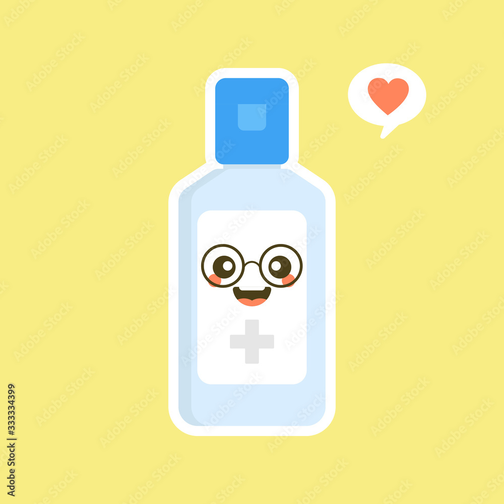 cute and kawaii disinfection or and sanitizer bottle, washing gel. Vector illustration suitable for hygiene, disinfect, medical, clean life, anti virus, bacteria, health care, disease spread, germs