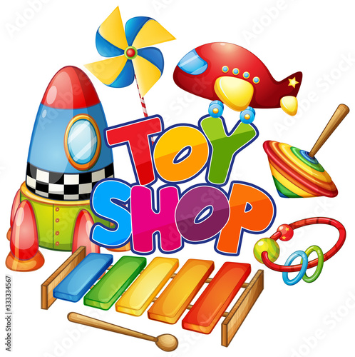 Font design for word toy shop with many toys on white background