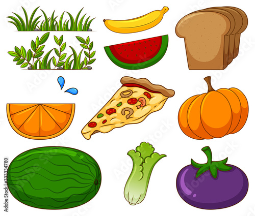 Large set of different food and other items on white background