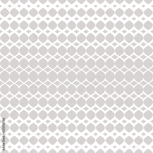 Silver halftone seamless pattern. White and gray vector texture of mesh, lace, weave, tissue, grid, lattice. Vertical gradient transition effect. Abstract geometric background. Delicate repeat design