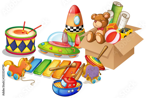 Many toys on white background