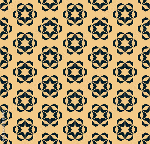 Vector golden geometric floral seamless pattern. Elegant black and gold ornamental texture with flowers, star shapes, snowflakes. Abstract old style background. Luxury repeat design for decor, print