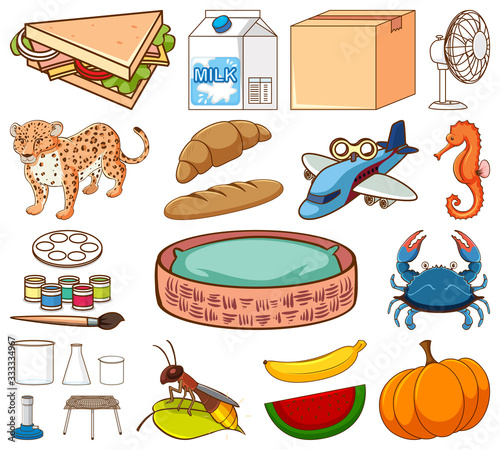 Large set of different food and other items on white background