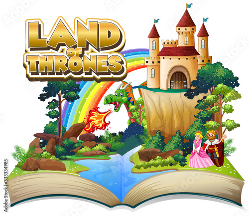 Font desing for word land of thrones with big castle and dragon