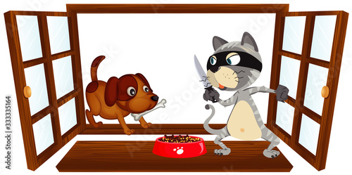 Window scene with thief cat and dog