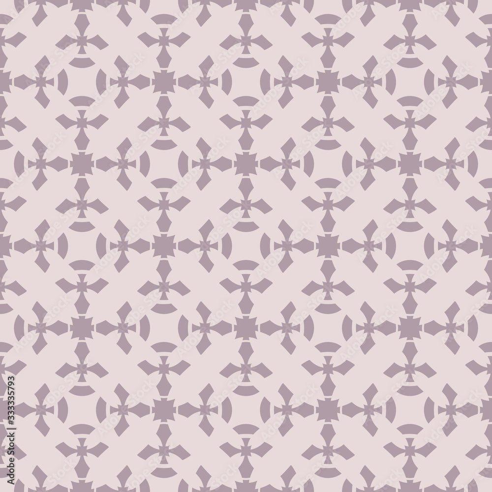 Vector floral geometric seamless pattern. Abstract ornament texture with flower silhouettes, curved shapes, crosses, grid, net, repeat tiles. Elegant lilac and pale pink background. Cute design