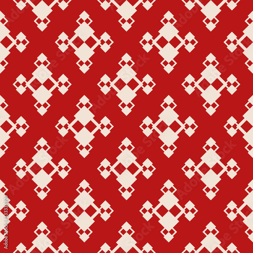 Abstract geometric seamless pattern. Vector red and beige background. Simple ornament with small rhombuses, diamond shapes, grid. Elegant ornamental graphic texture. Retro vintage style repeat design