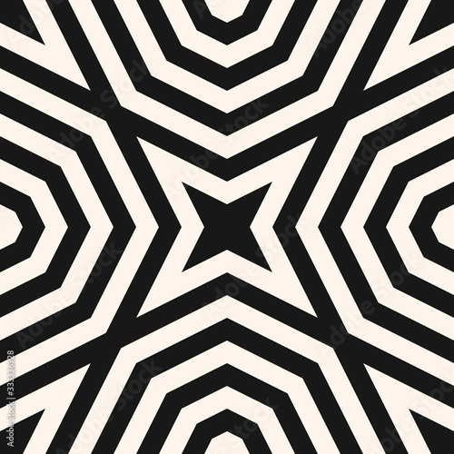 Black and white optical art texture. Vector monochrome geometric seamless pattern with concentric shapes, stripes, lines, stars, octagons. Creative psychedelic design. Modernist style background