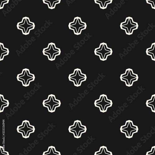 Vector geometric floral seamless pattern. Simple minimal texture. Black and white abstract graphic background. Monochrome minimalist ornament with small flowers, diamonds, stars. Dark repeat design