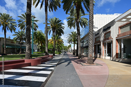 Miami Beach, Florida - March 21, 2020 - Lincoln Road Mall is empty as hotels, restaurants and beach ordered closed due to coronavirus pandemic.