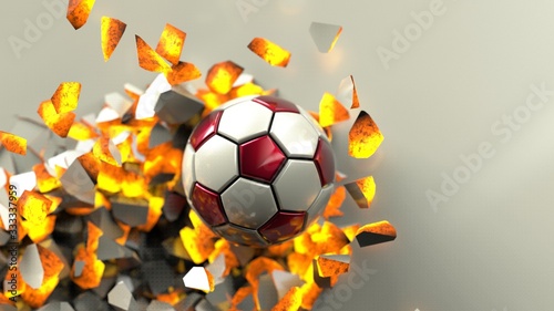 White-Red Soccer ball breaking with great force through a hot iron wall under spot light background. 3D high quality rendering. 3D illustration.
