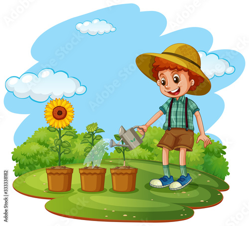Scene with kid planting trees in the garden