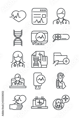 online health, medical assistance support consultation icon set covid 19 pandemic line icon