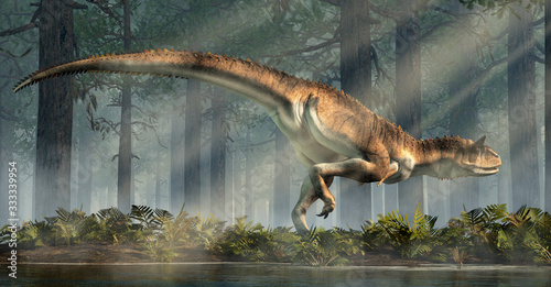 Carnotaurus was a carnivorous theropod dinosaur with horns on its head that lived in Cretaceous era South America. Here, one is depicted in a forest. 3D Rendering  © Daniel Eskridge