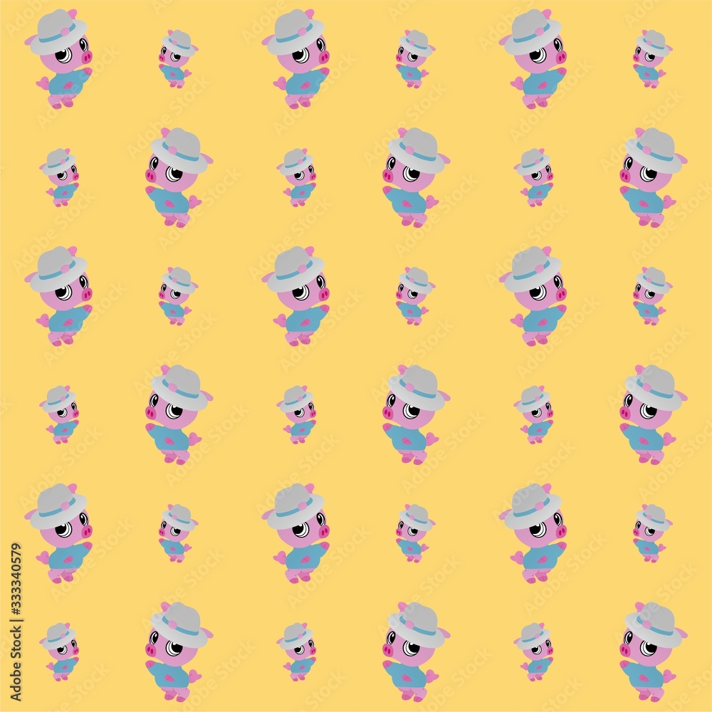 Pig Wearing a Hat While Waving Cute Illustration, Cartoon Funny Character, Pattern Wallpaper 