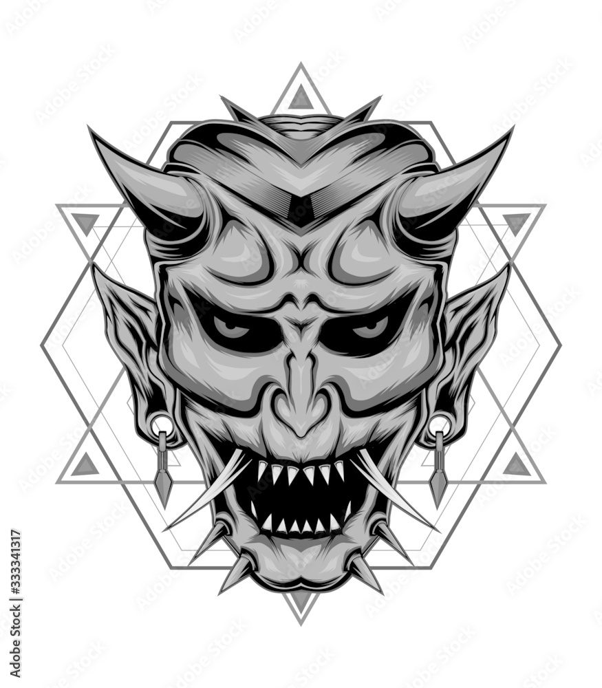 Naklejka premium JAPANESE GHOST. Gangster emblem, label, print, badge skull.