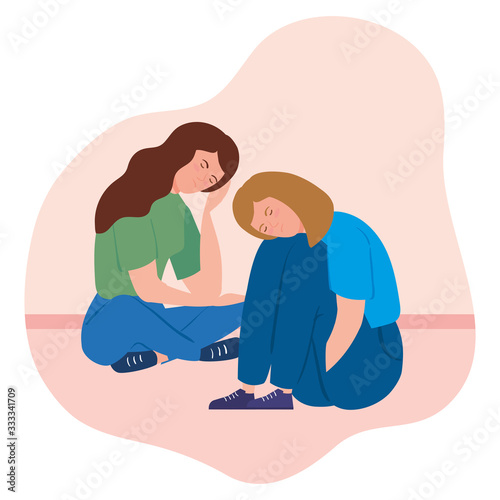 women sitting with stress attack vector illustration design