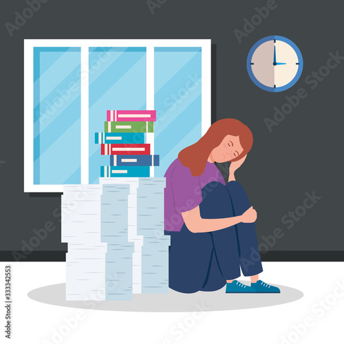 woman with stress attack and pile documents vector illustration design