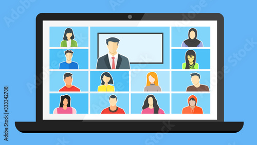 Online Class. Stay School Learn Study from Home via Teleconference or Video Conference Call During Coronavirus COVID-19 Pandemic Outbreak Closure Display on Screen. Emergency School, College & Course.
