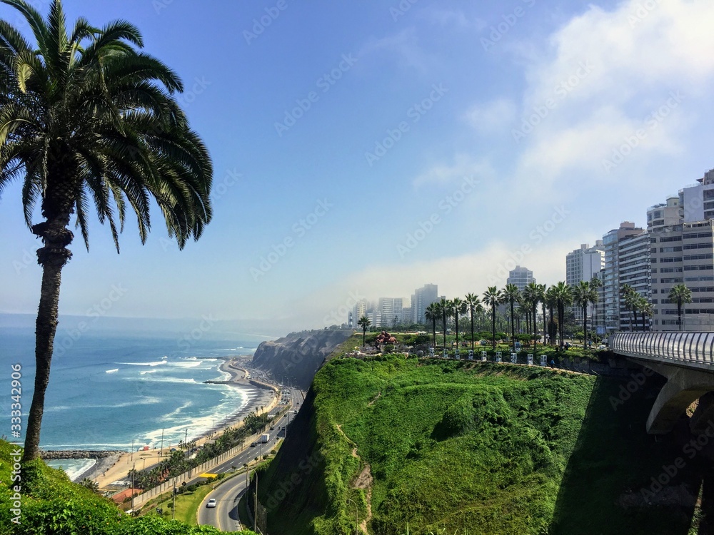 The beautiful views of Lima, Peru, looking out on the Pacific Ocean from the Miraflores Boardwalk.