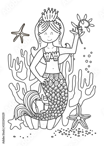 Coloring book for children and adults with a mermaid. Vetkron line illustration in black color. Coloring book book for adults and children in a cute cartoon style