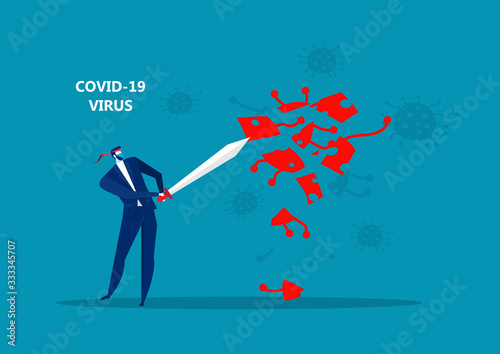 businessman holding sword to protecting covid 19 corona virus  vector illustration