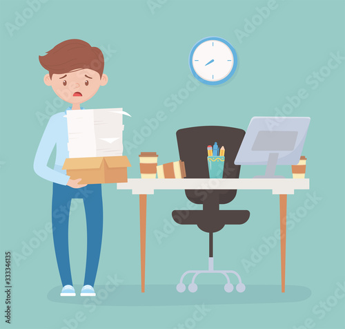 stressed employee with many papers and box in office work stress