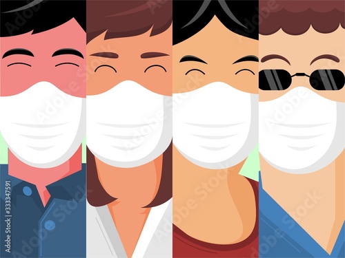 Coronavirus COVID-19. people using white medical face mask. Protect from virus. Concept of ncov outbreak quarantine flat illustration.
