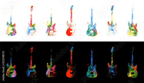 Set of acoustic musical rock guitars in bright colorful style. Web logo, design element on black and white backgrounds