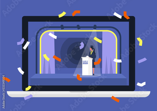 Online graduation ceremony 2020, quarantine, coronavirus outbreak, young female character wearing a cap and a gown and giving a speech behind the podium