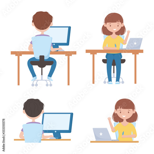 education online boy and girl students with laptop computer in virtual class desk
