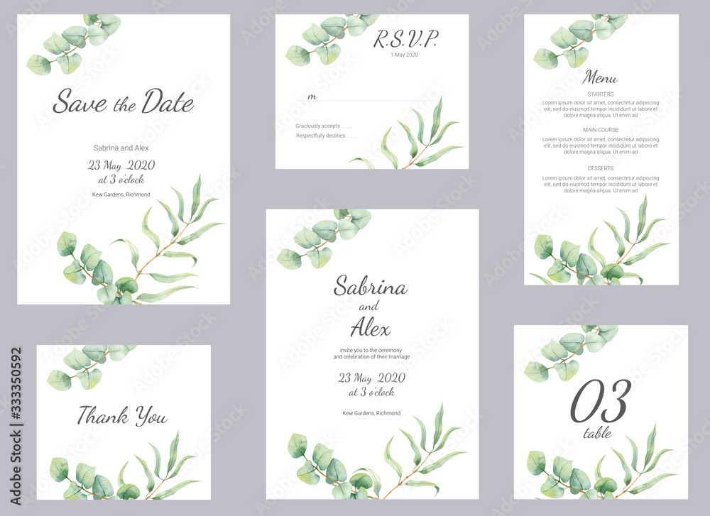 Watercolor eucapyptus wedding invitation. Set with invitation, Save the date, Thank you card, RSVP, menu and table number on white marble background. Wedding set.