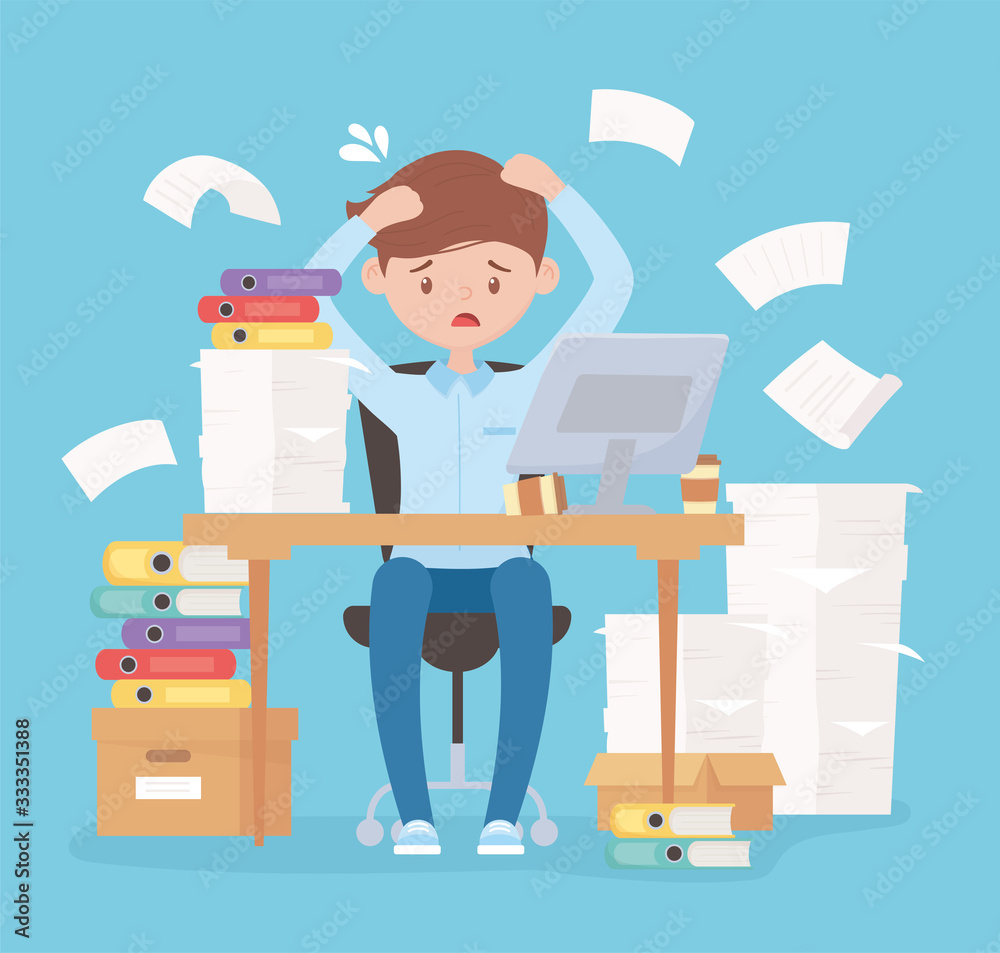 stressed employee working at desk with boxes of documents and laptop stressed employee working at desk with boxes of documents and laptop