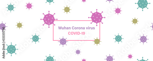 Colorful and virus symbols isolate on white background with name of the new corona virus in a pink frame and seamless flat design.