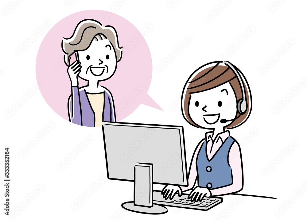 Stock illustration: call center, senior woman talking with operator woman Stock illustration: call center, senior woman talking with operator woman