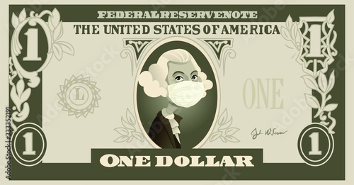 One Dollar Bill with George Washington Wearing Surgical Mask