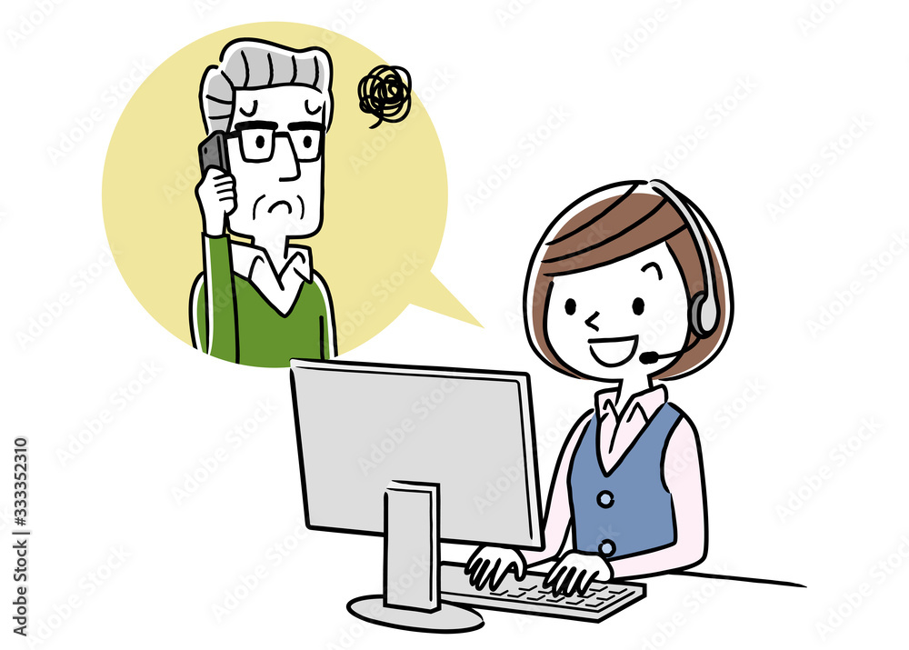 Stock illustration: call center, senior man talking with operator woman