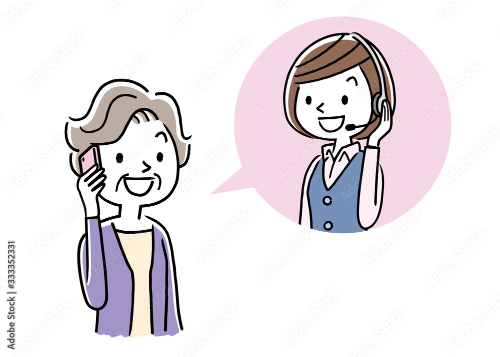 Stock illustration: call center, senior woman talking with operator woman Stock illustration: call center, senior woman talking with operator woman
