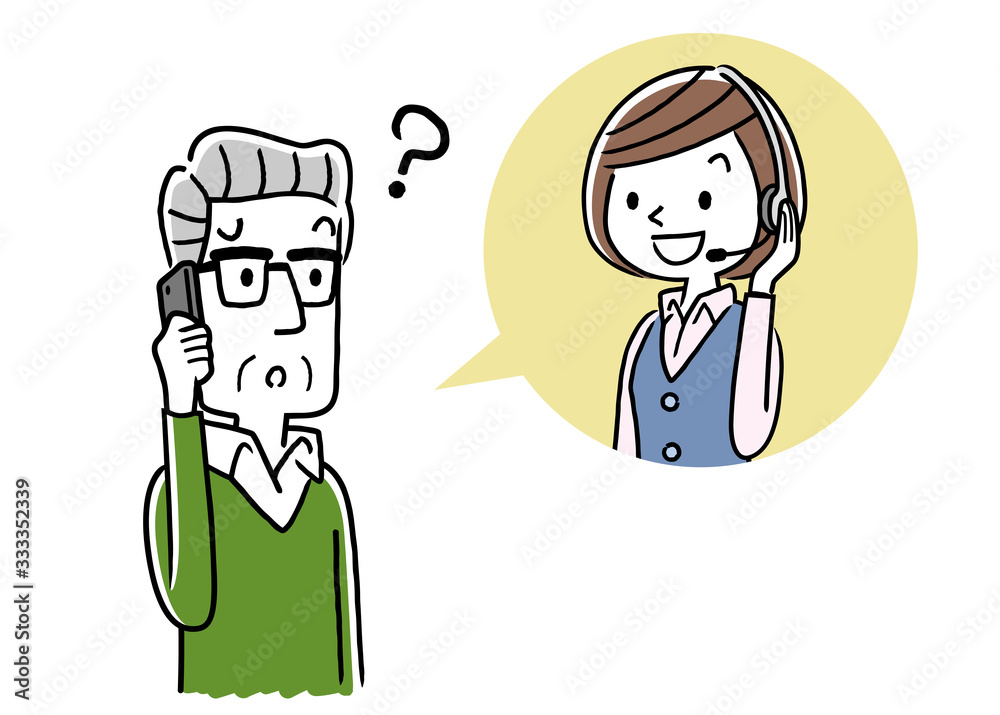 Stock illustration: call center, senior man talking with operator woman Stock illustration: call center, senior man talking with operator woman