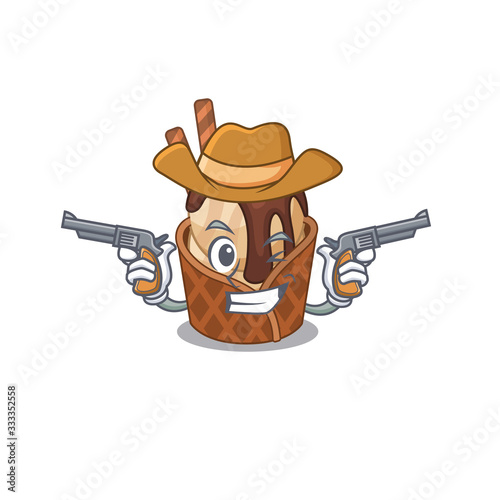 Funny coffee ice cream as a cowboy cartoon character holding guns