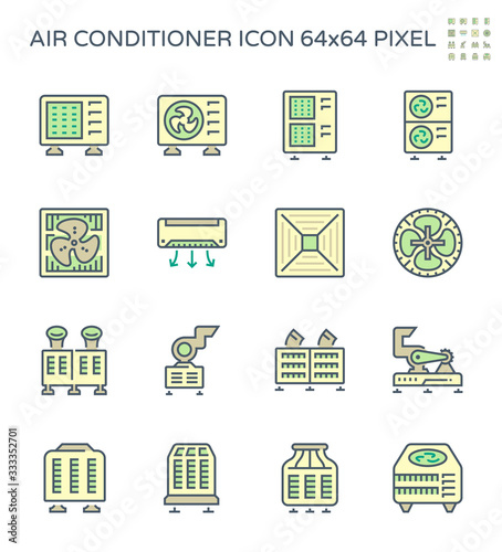 Air conditioner icon i.e. air compressor, condenser unit, ventilation, duct, cooling tower and chiller. That is a part of HVAC system to remove heat and moisture, temperature and humidity control.