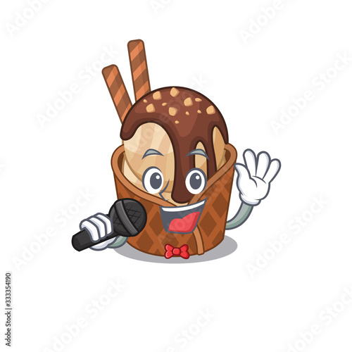 Cute coffee ice cream sings a song with a microphone